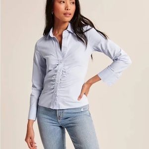 Abercrombie & Fitch Long-Sleeve Button-Through Ruched Poplin Top
